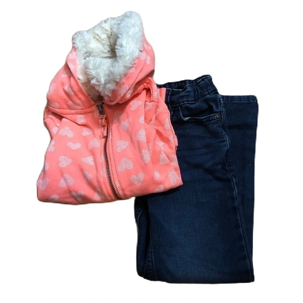 Cat & Jack Hooded Sweatshirt Jeans Bundle Sz 5 Pink Blue Outfit Kids Girls